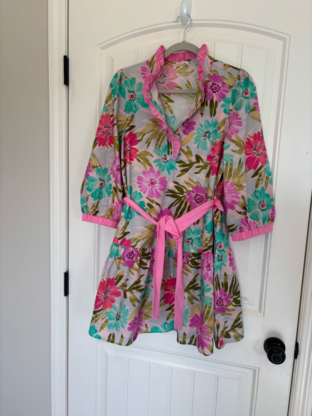 JODIFL Pink Floral Mini Dress with Teal and Olive Accents